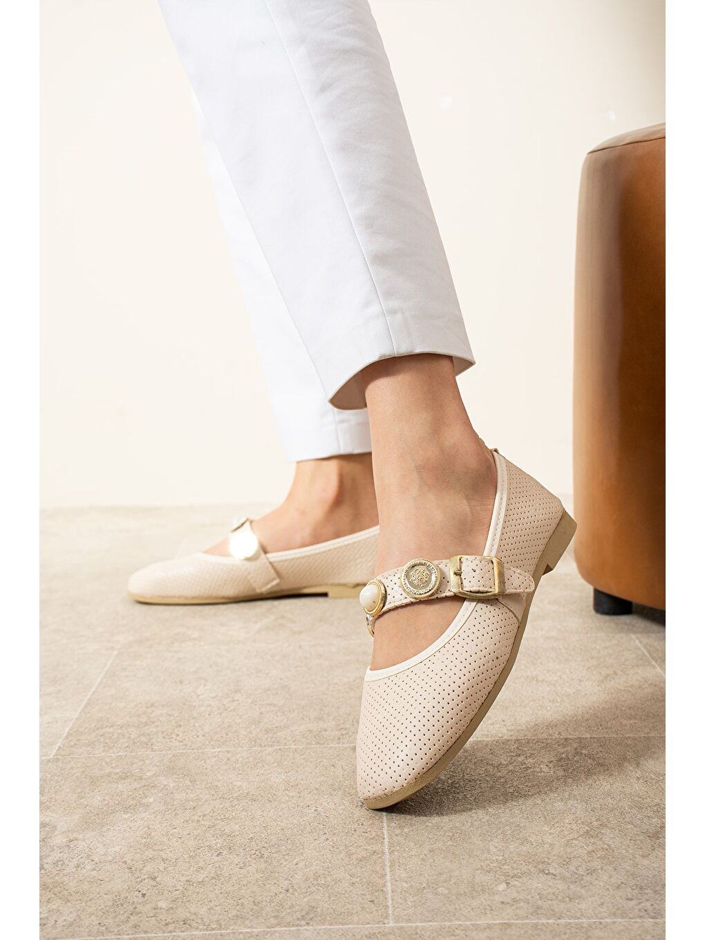 Ekru ALESSA Taşlı Kadın Babet Günlük Yazlık Bayan Ayakkabı-2