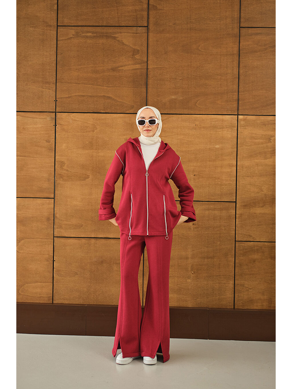 Kadın Fermuar Detaylı İkili Takım Kırmızı-2