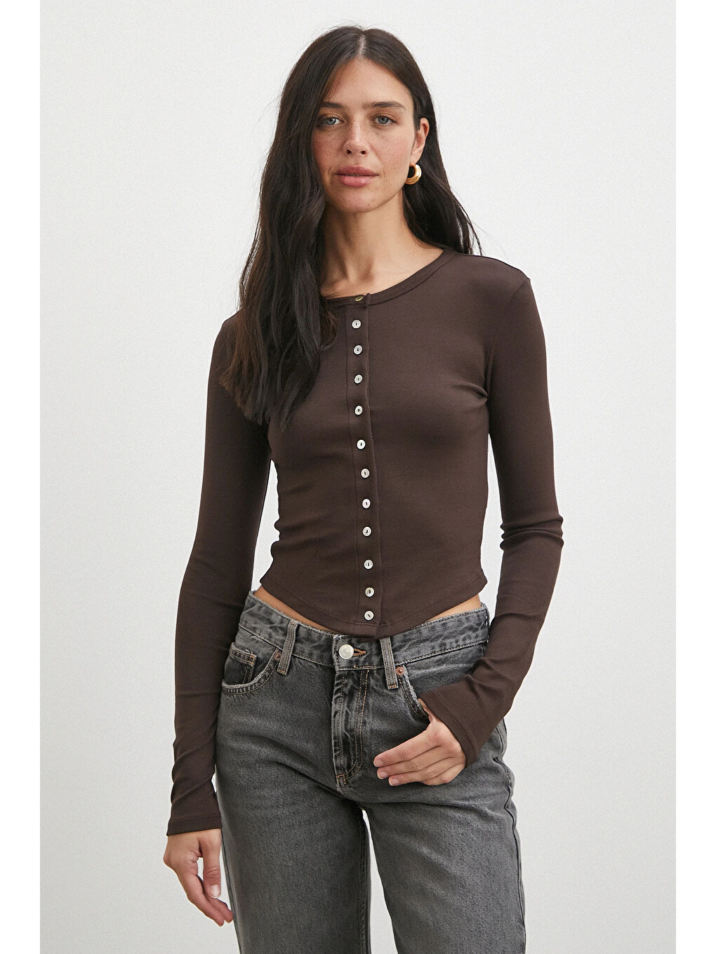 Karışık Düğmeli Uzun Kol Bluz Kahve-2