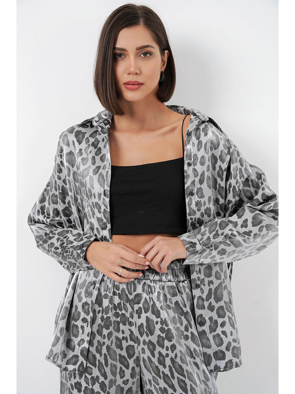 6699 Leopar Desenli Alt Üst Takım - Gri-3