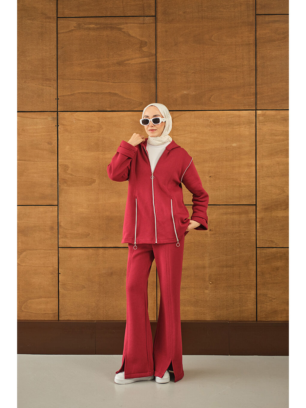 Kadın Fermuar Detaylı İkili Takım Kırmızı-3