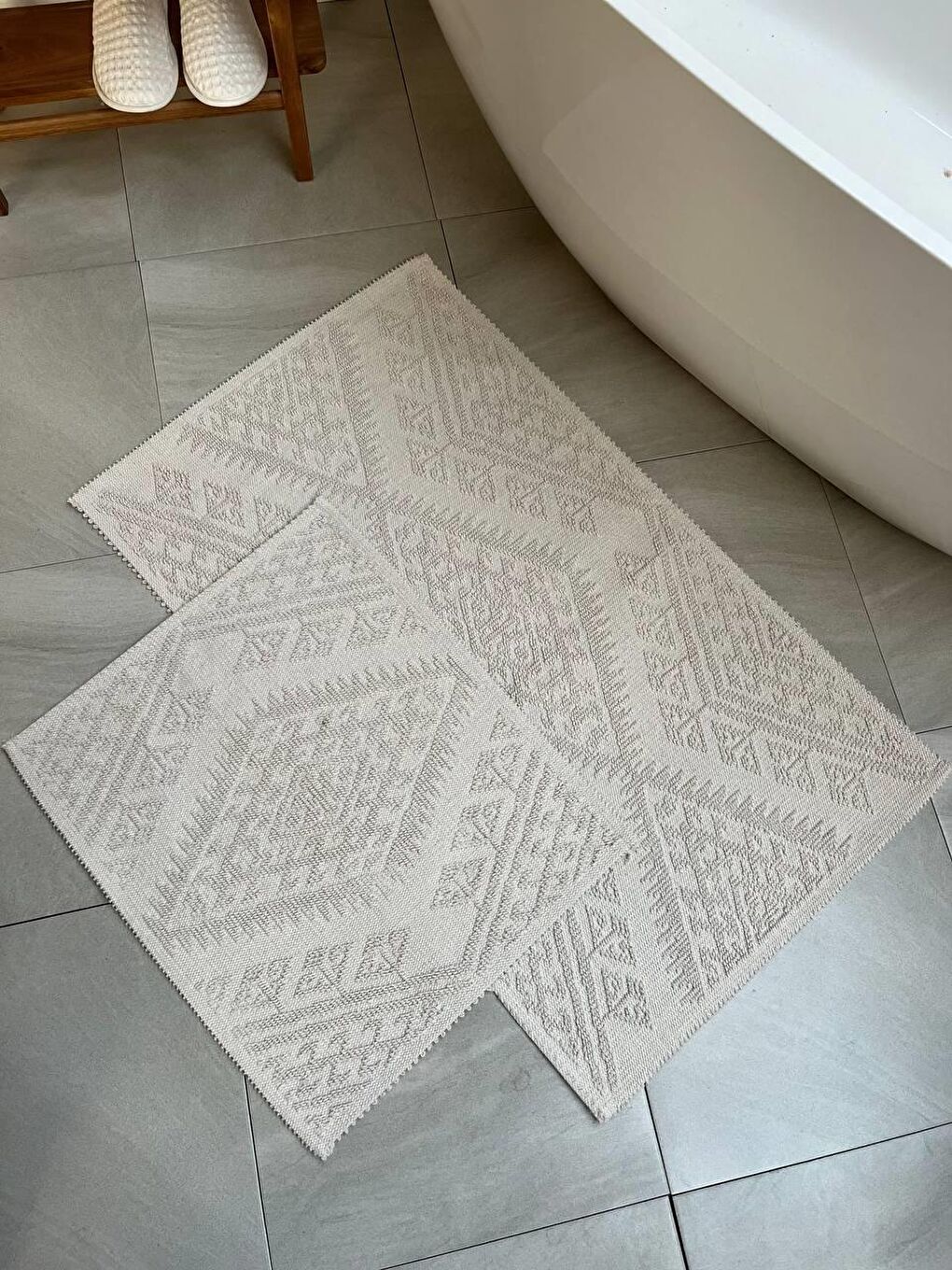 Antalya Doğal Pamuklu 2'li Banyo Paspas Seti 60x100+50x60 Cm - Ekru