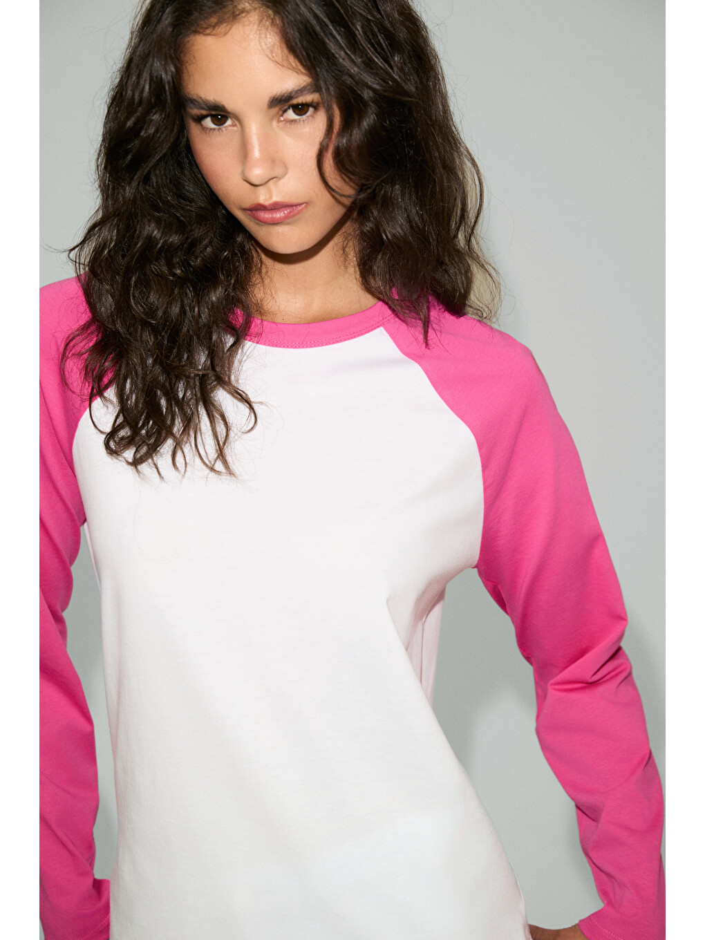 Elarıah Kadın %100 Organik Pamuklu Kontrast Kol Renkli Oversıze Uzun Kollu Pembe T-shirt-2