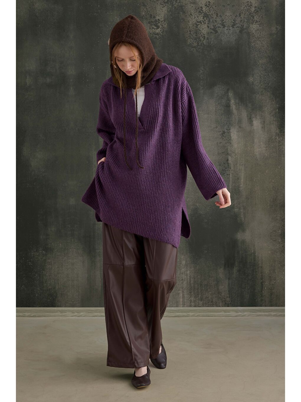 Mor Uzun Polo Yaka Kazak Menekşe