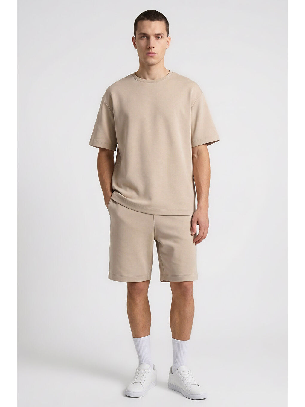 Bej Oversize Fit Basic Erkek Şort Takım - 85292
