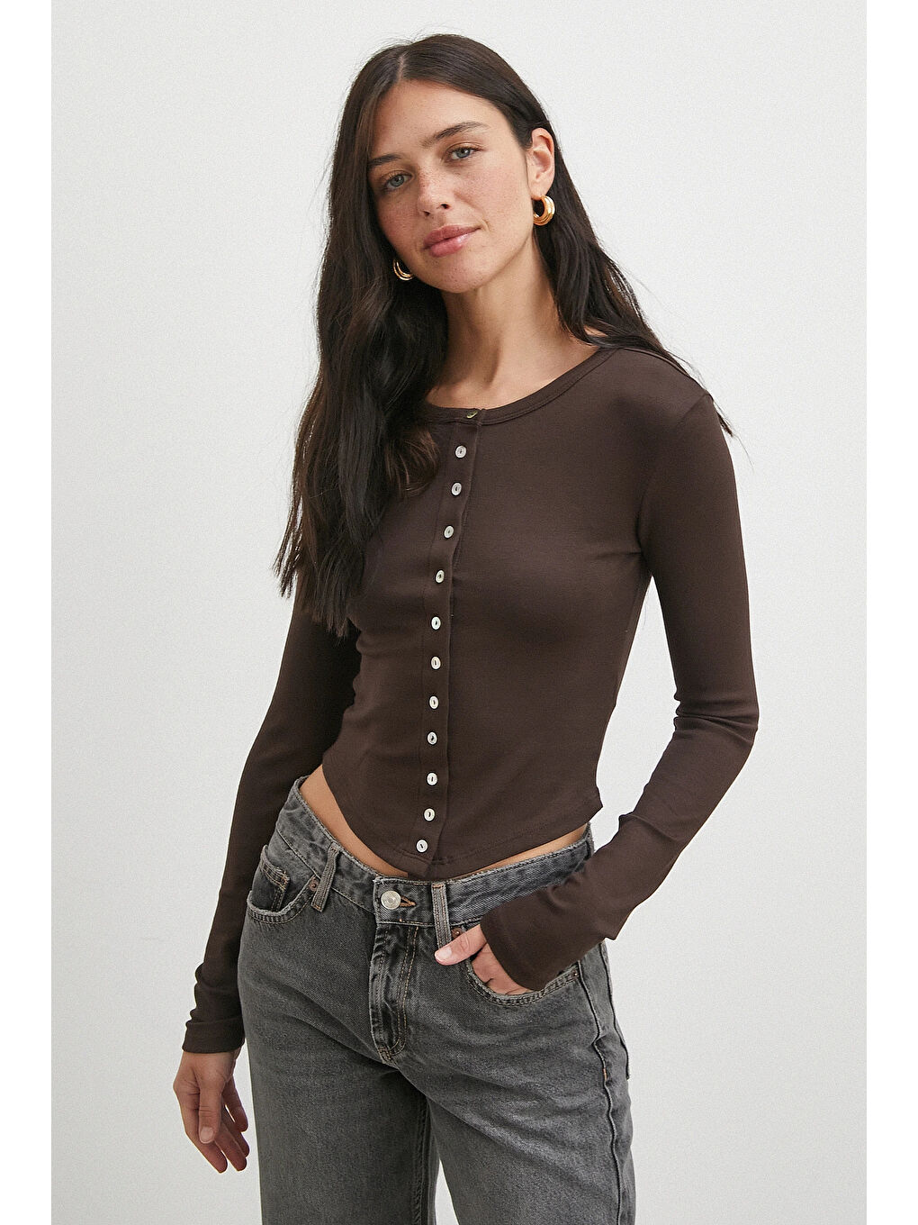 Karışık Düğmeli Uzun Kol Bluz Kahve-3