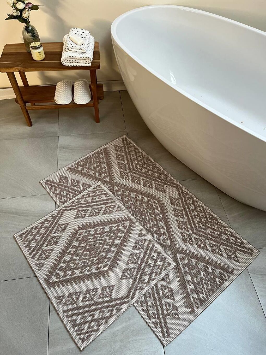 Antalya Doğal Pamuklu 2'li Banyo Paspas Seti 60x100+50x60 Cm - Bej