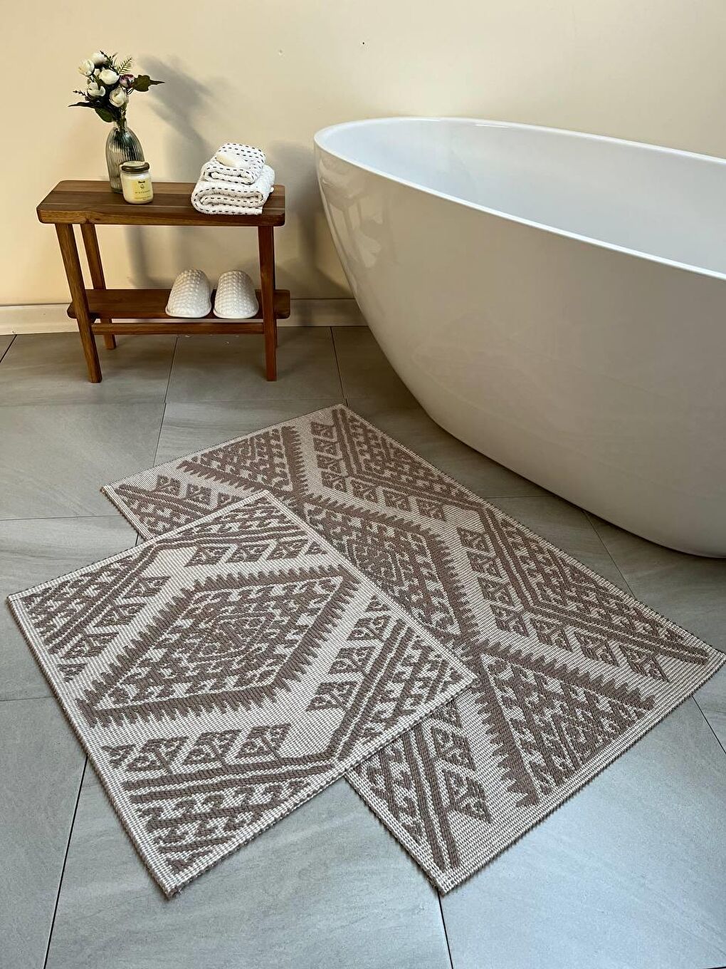 Antalya Doğal Pamuklu 2'li Banyo Paspas Seti 60x100+50x60 Cm - Bej-1