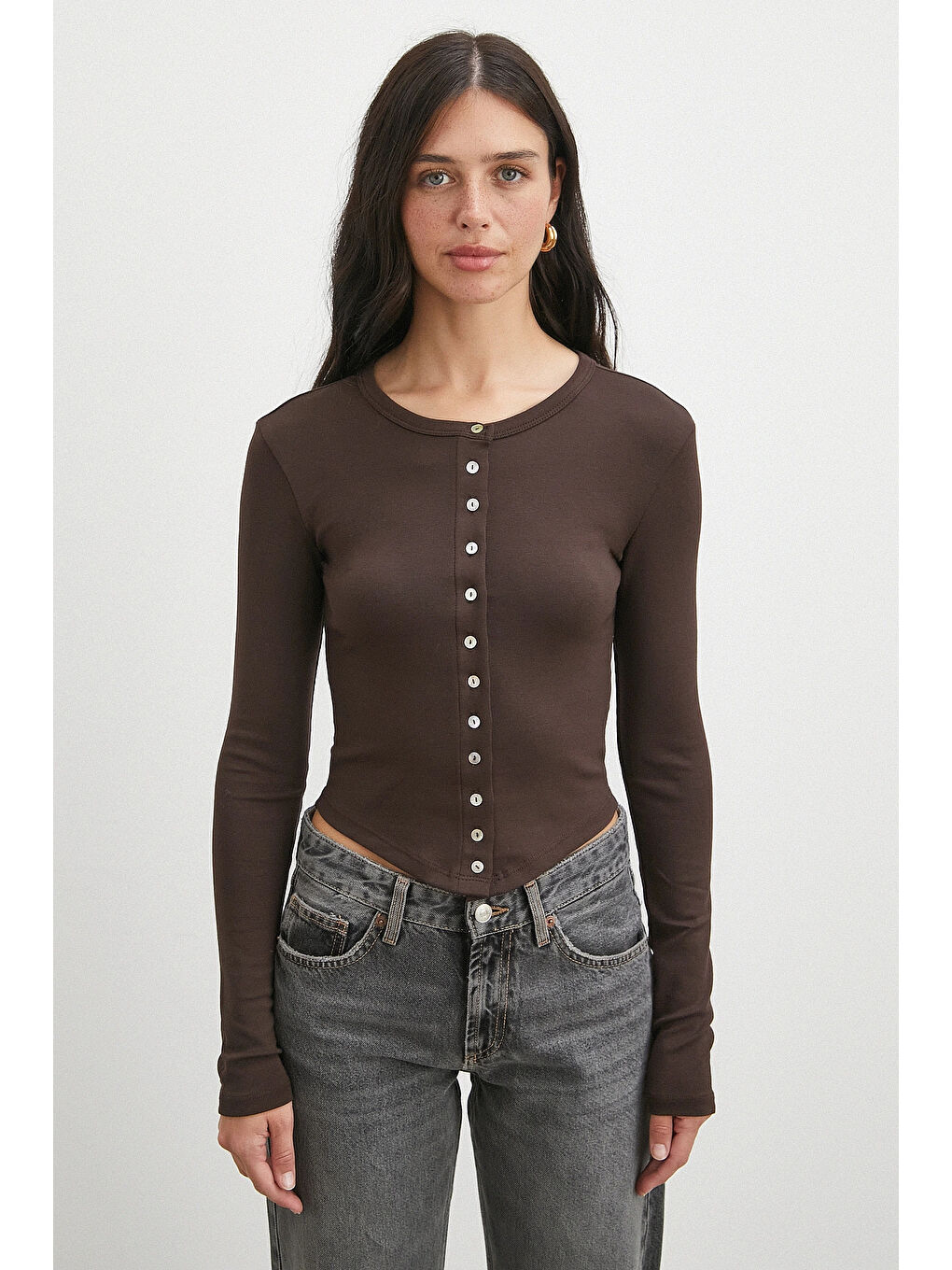 Karışık Düğmeli Uzun Kol Bluz Kahve-4