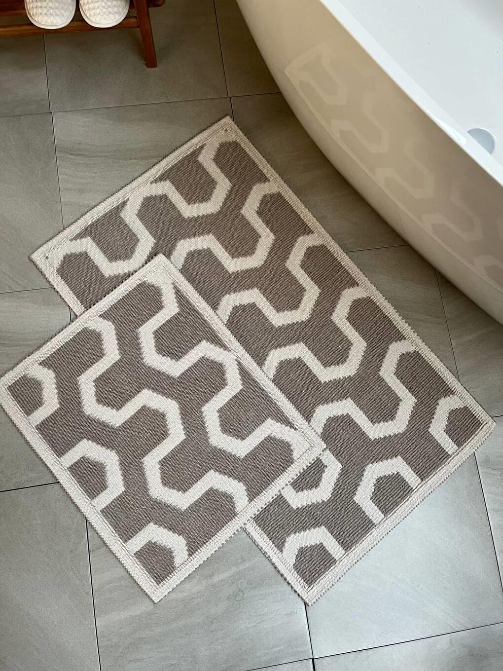 Bej Dome Doğal Pamuklu 2'li Banyo Paspas Seti 60x100+50x60 Cm - Taş-1