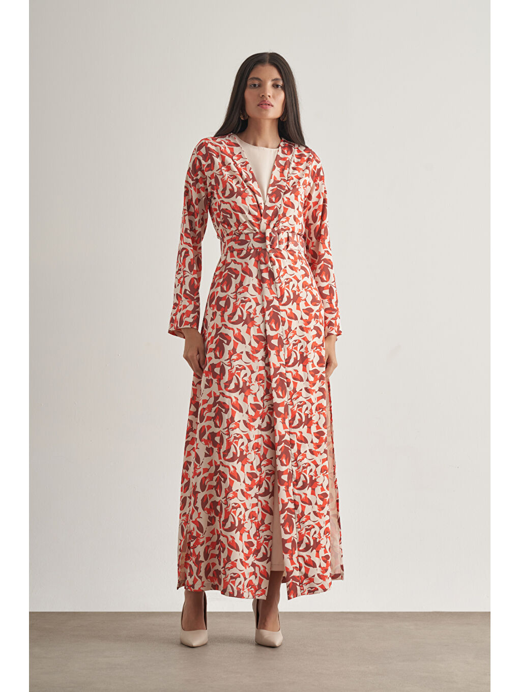 Kırmızı Botanik Desenli Kimono Takım