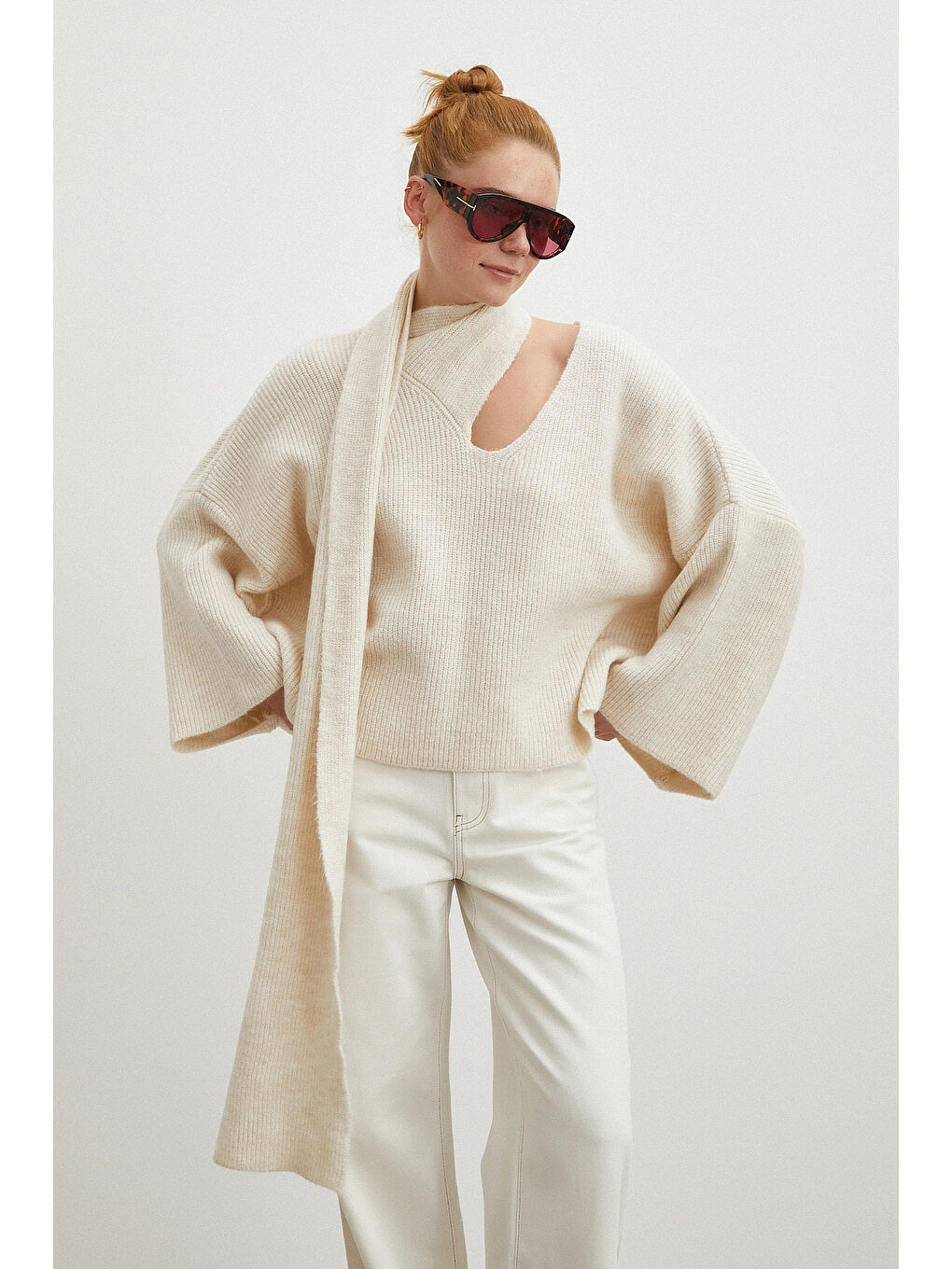 Fitilli Şal Yaka Kazak Ekru