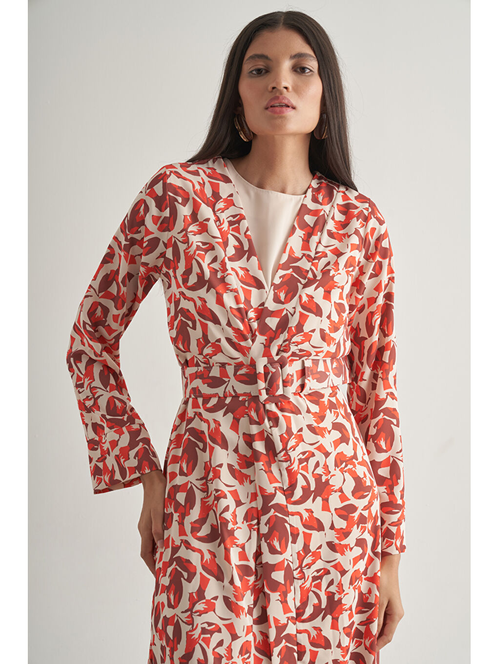 Kırmızı Botanik Desenli Kimono Takım-1