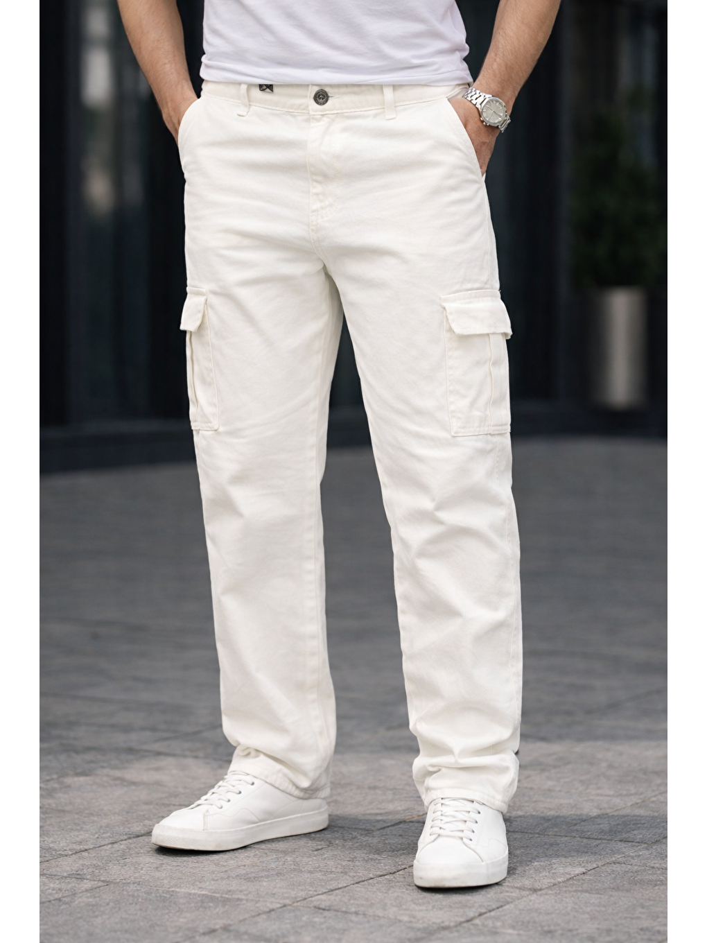 Erkek Trend Bol Paça Günlük Kargo Beyaz Baggy Pantolon