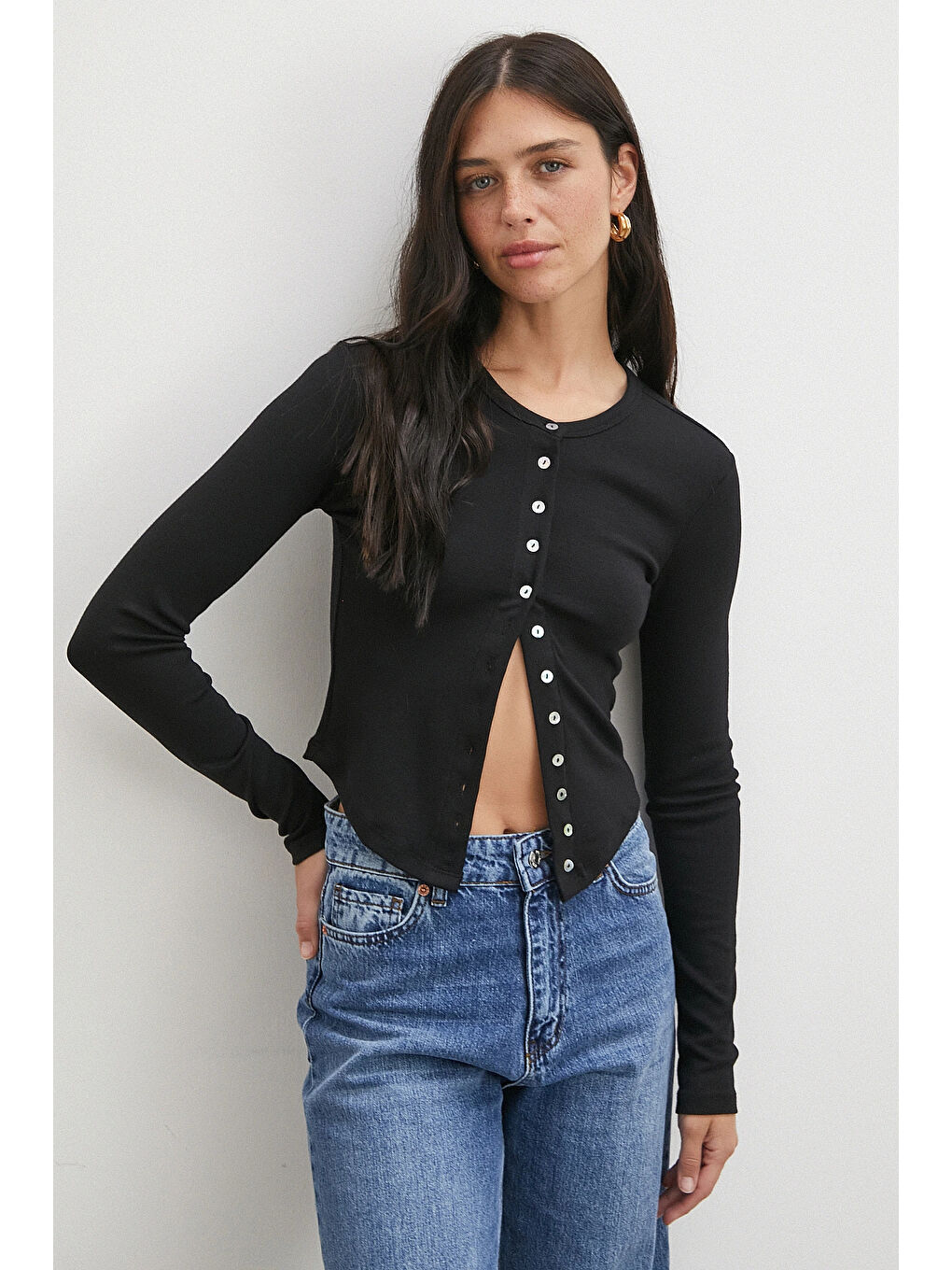 Düğmeli Uzun Kol Bluz Siyah-2