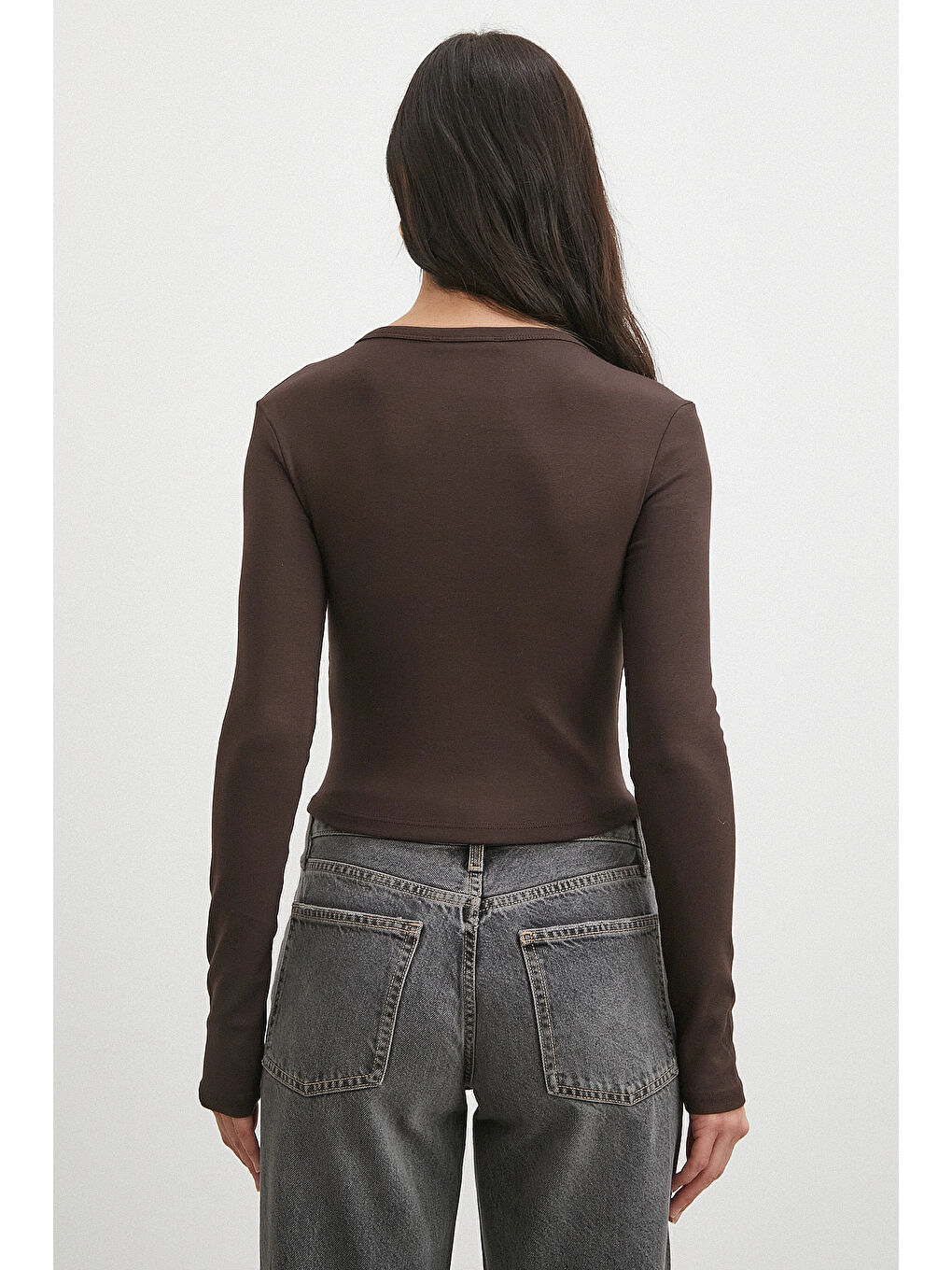 Karışık Düğmeli Uzun Kol Bluz Kahve-5