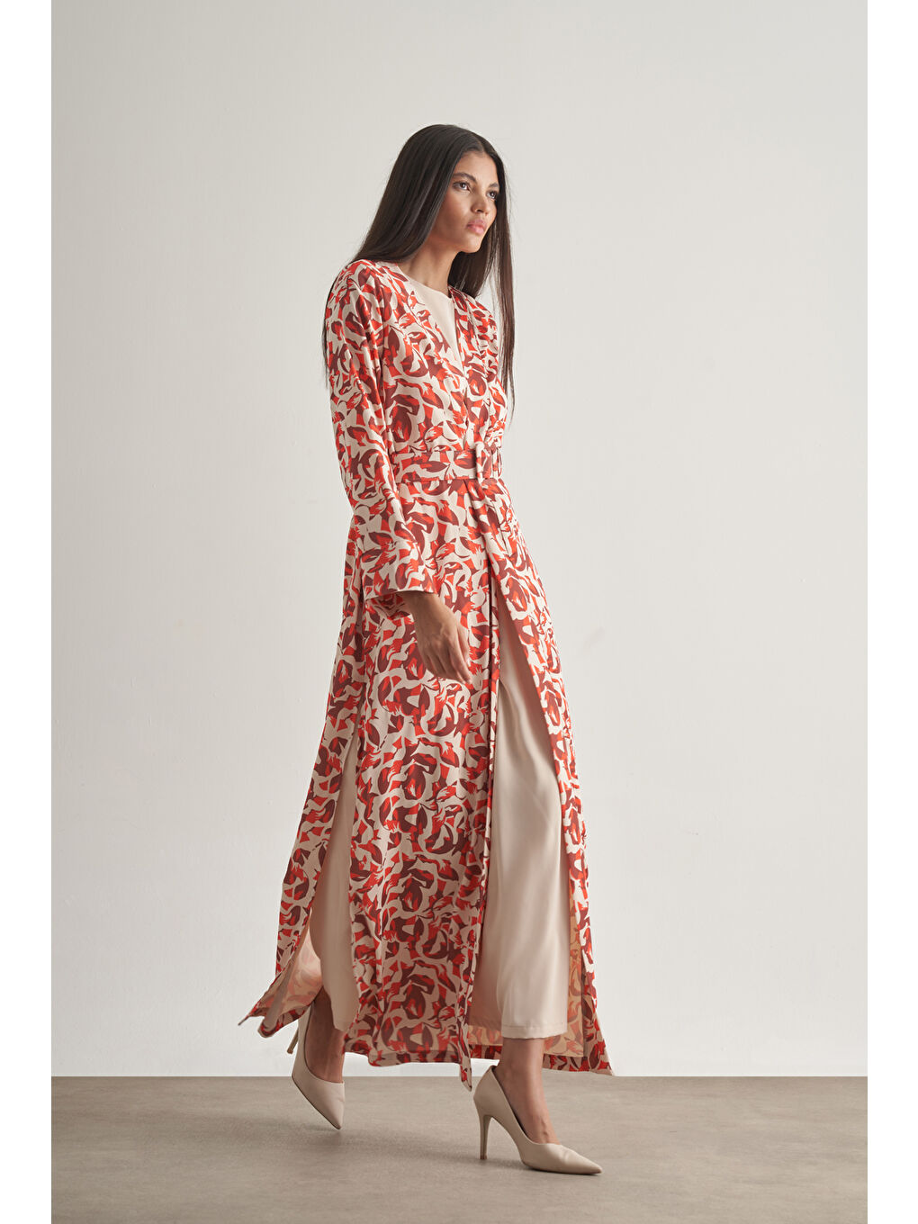 Kırmızı Botanik Desenli Kimono Takım-2