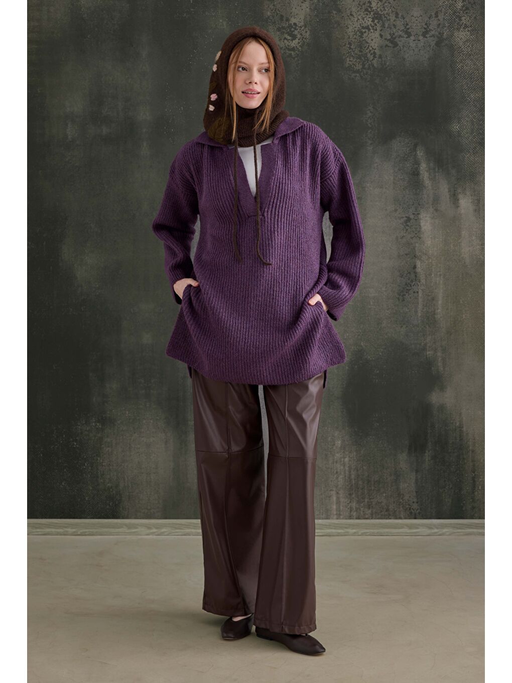 Mor Uzun Polo Yaka Kazak Menekşe-1