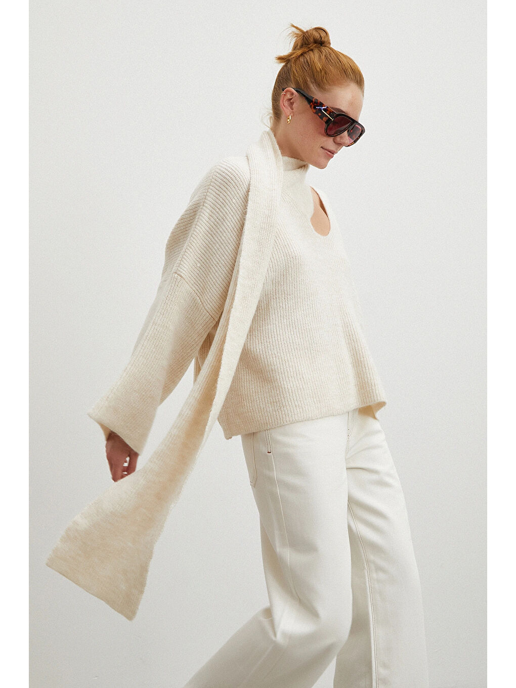 Fitilli Şal Yaka Kazak Ekru-1