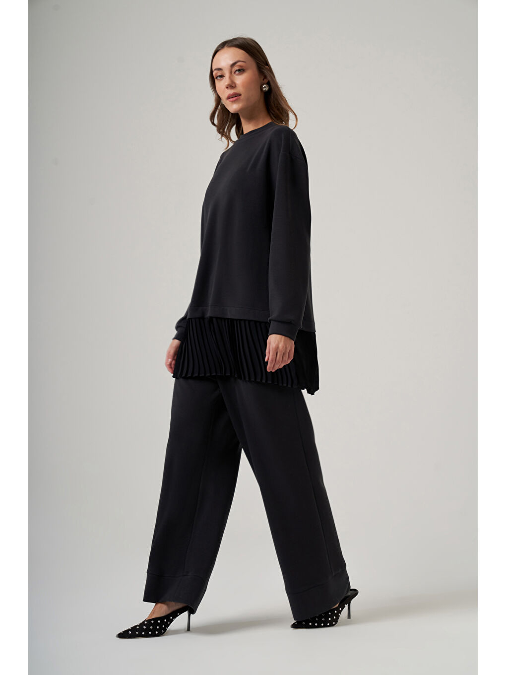 Tuniğin Etek Ucu Piliseli Pantolonlu Takım 1079 Siyah