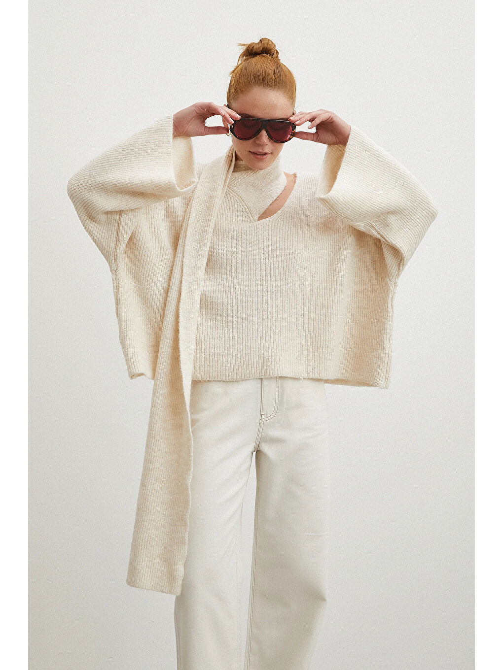 Fitilli Şal Yaka Kazak Ekru-2