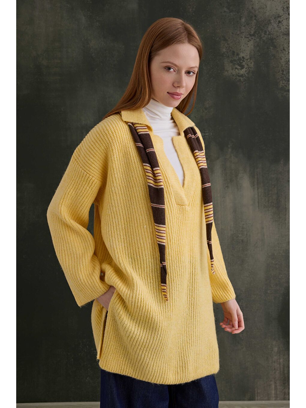 Uzun Polo Yaka Kazak Soft Sarı