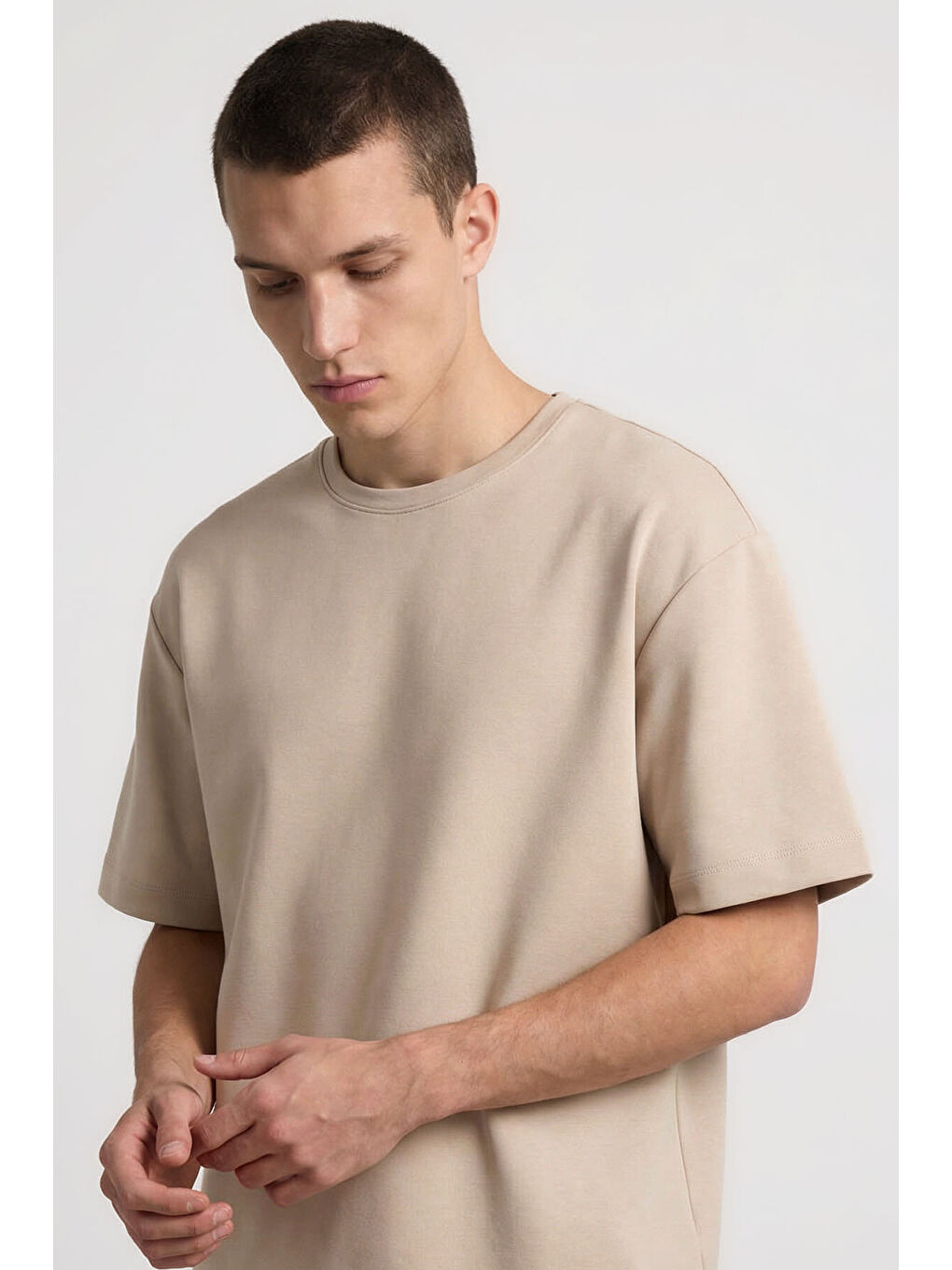 Bej Oversize Fit Basic Erkek Şort Takım - 85292-3