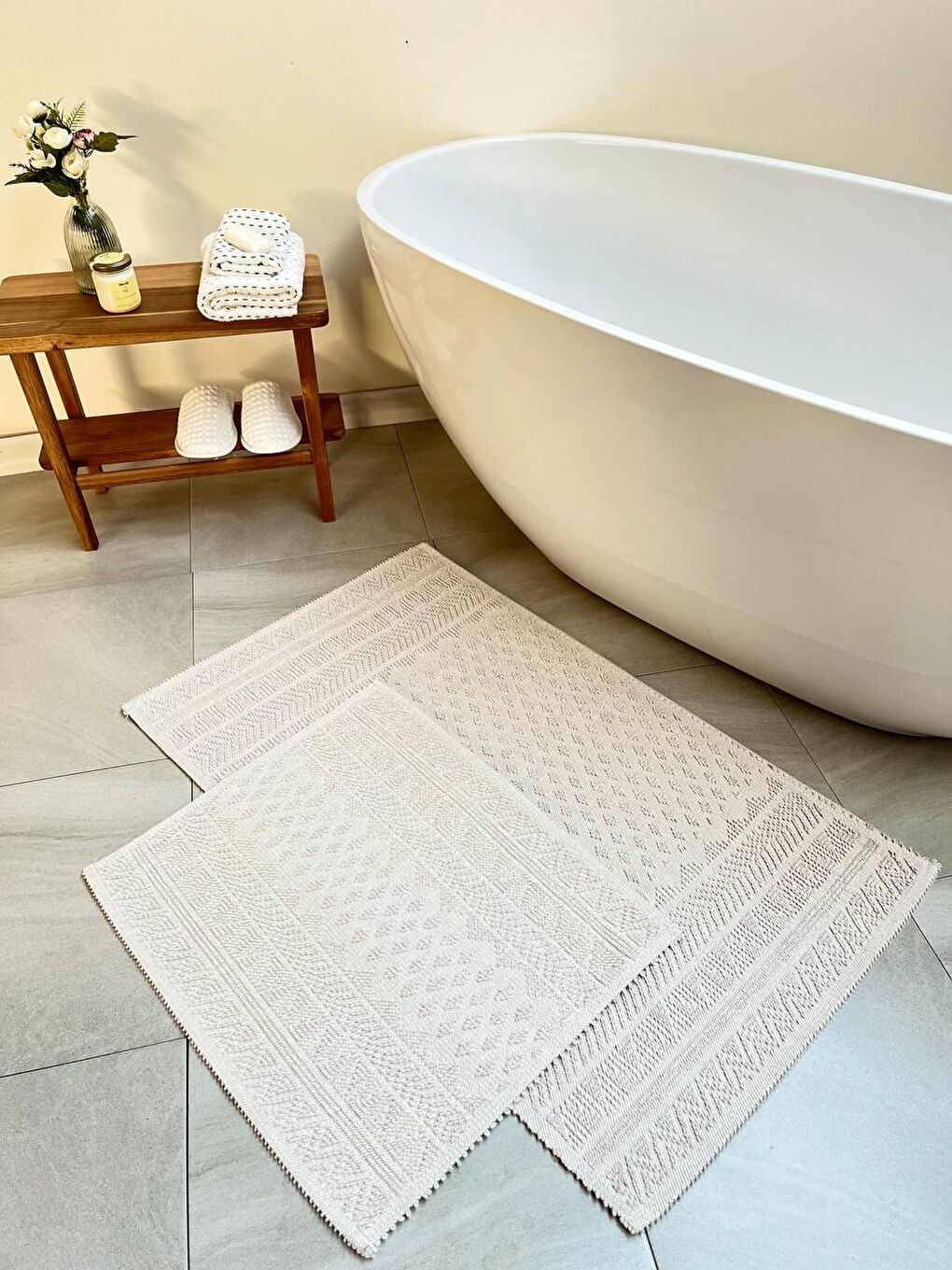 Tapis Doğal Pamuklu 2'li Banyo Paspas Seti 60x100+50x60 Cm - Ekru