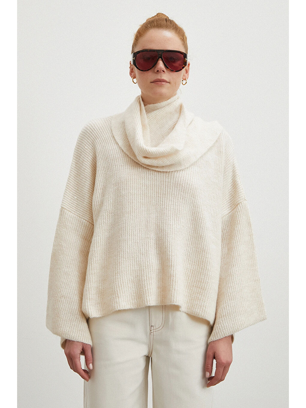 Fitilli Şal Yaka Kazak Ekru-3