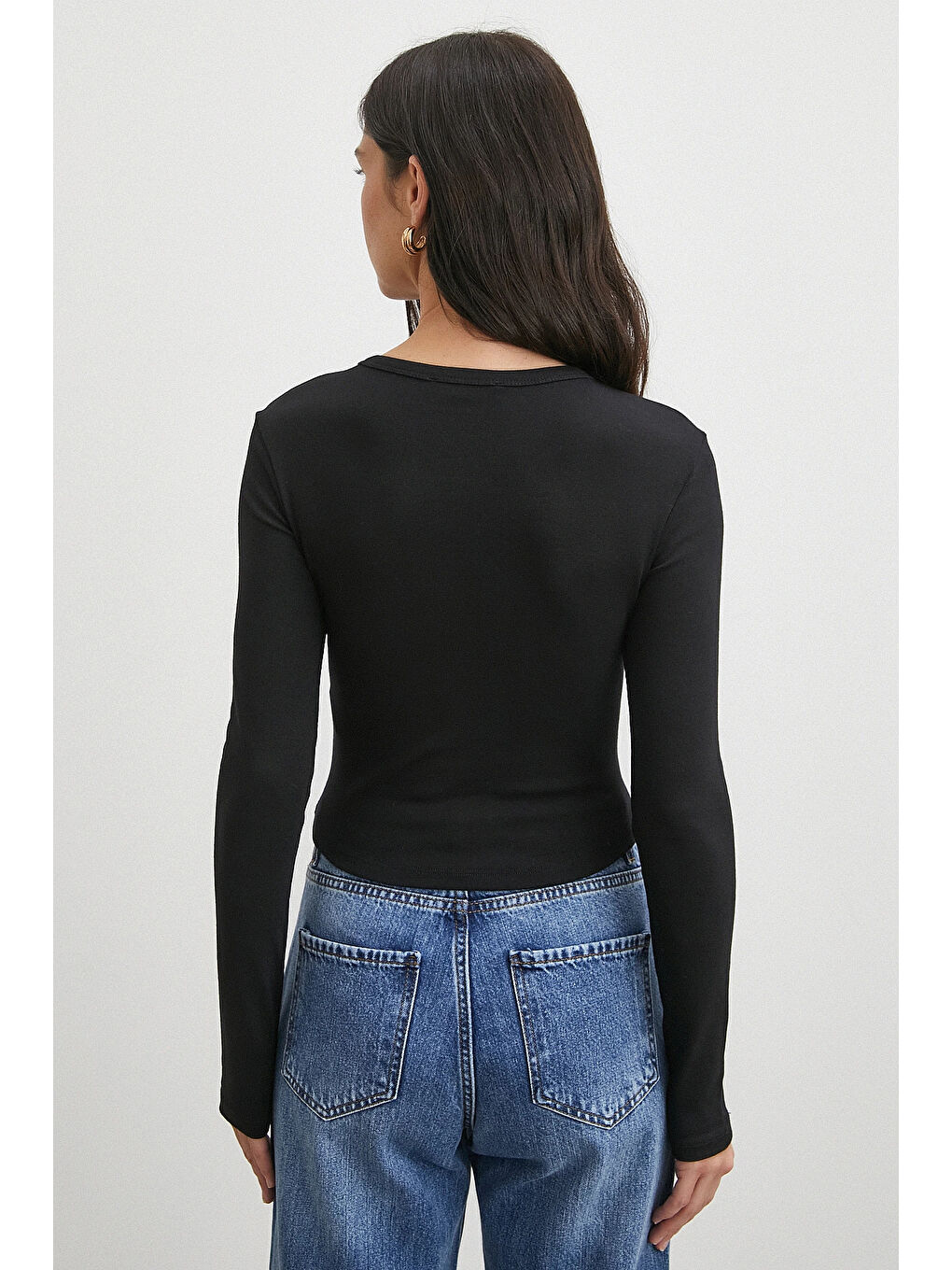 Düğmeli Uzun Kol Bluz Siyah-5