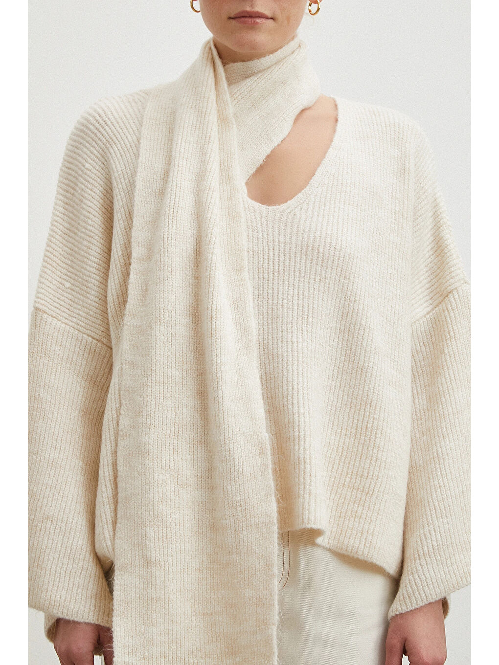 Fitilli Şal Yaka Kazak Ekru-4