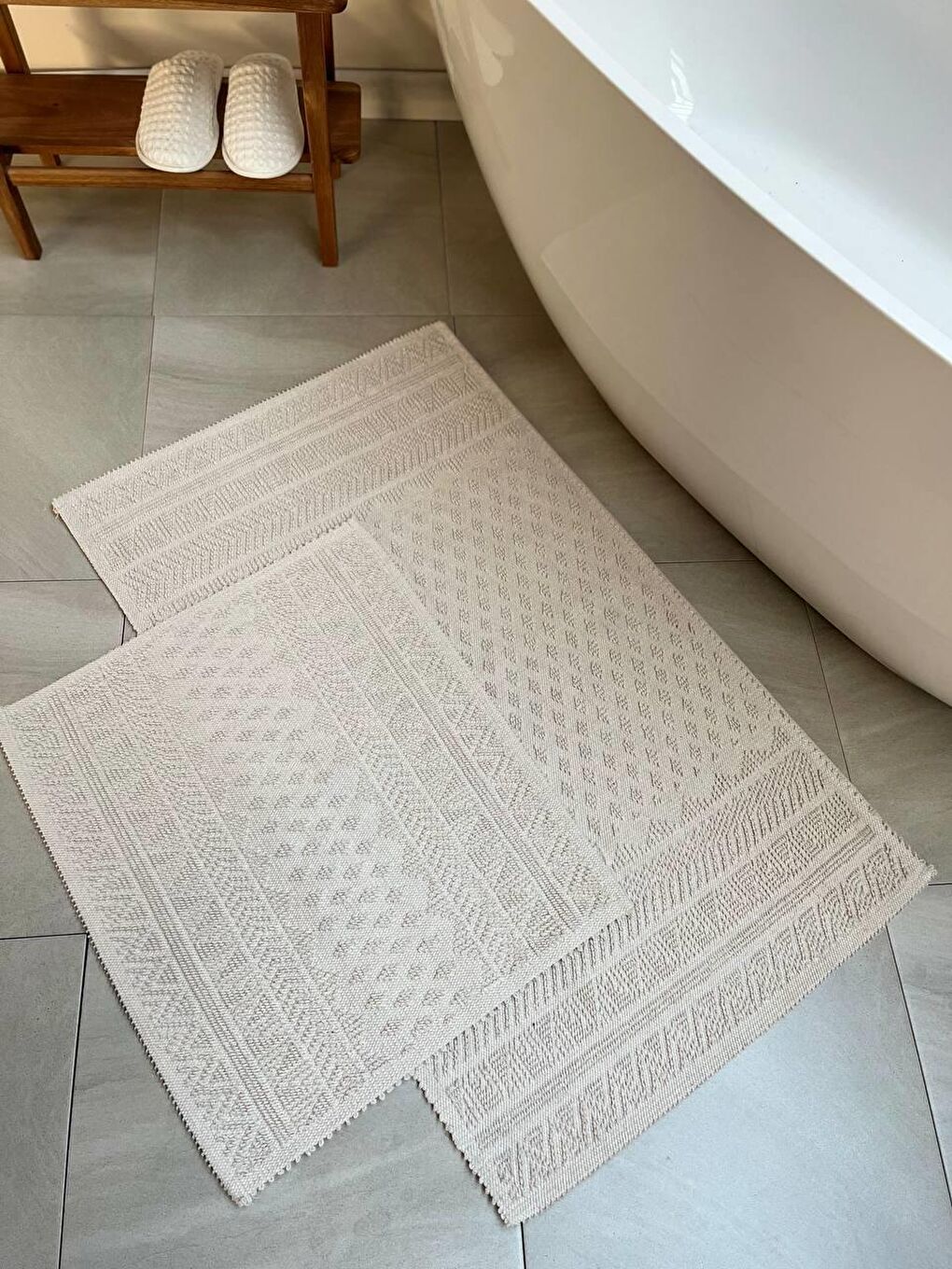 Tapis Doğal Pamuklu 2'li Banyo Paspas Seti 60x100+50x60 Cm - Ekru-1