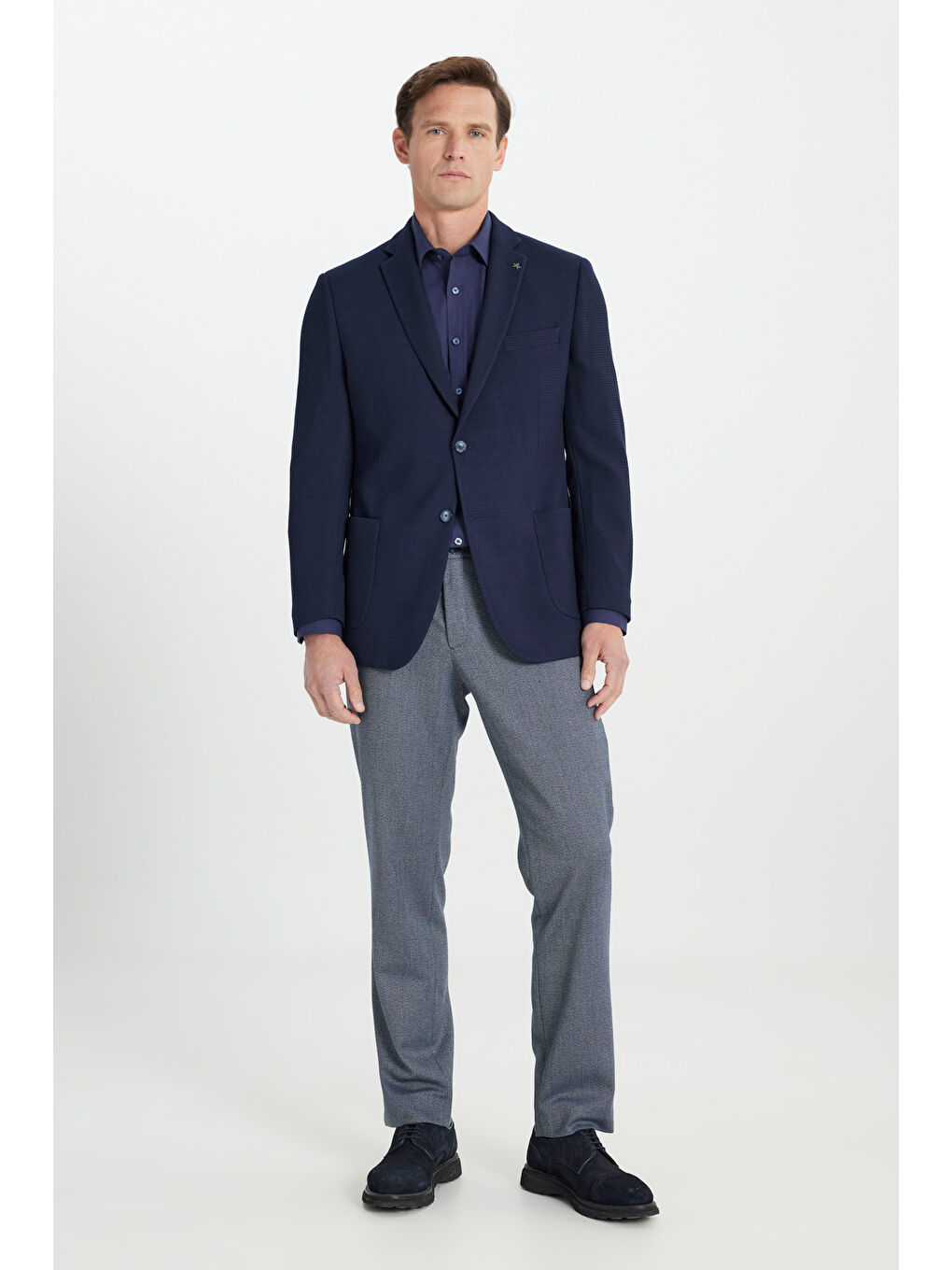 Erkek Lacivert Slim Fit Dar Kesim Mono Yaka Gofre Desenli Torba Cepli Ceket-1