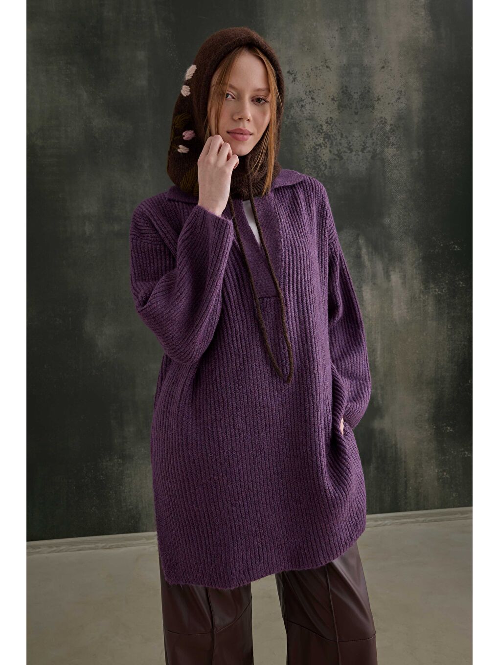 Mor Uzun Polo Yaka Kazak Menekşe-3