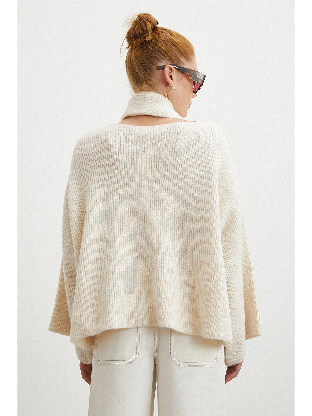 Fitilli Şal Yaka Kazak Ekru-5