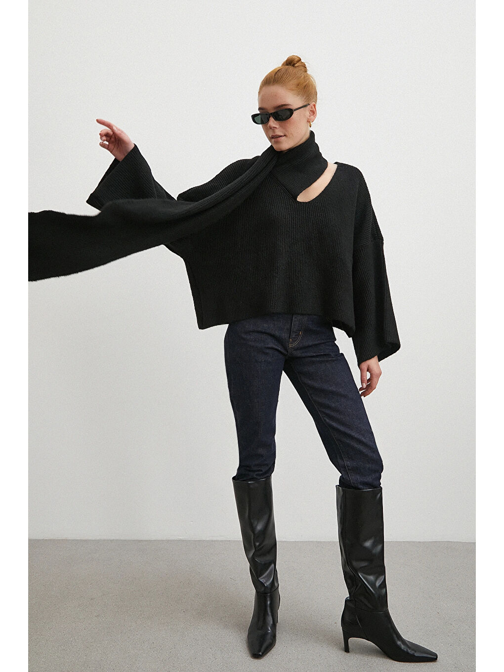 Fitilli Şal Yaka Kazak Siyah