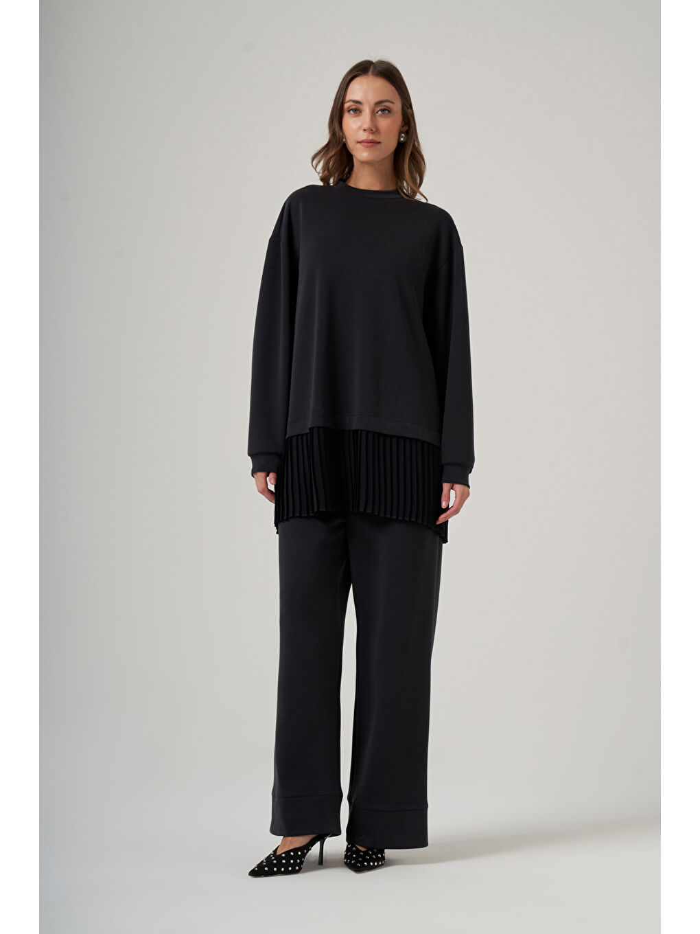 Tuniğin Etek Ucu Piliseli Pantolonlu Takım 1079 Siyah-3