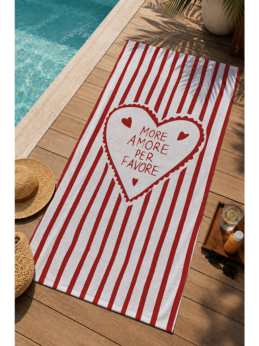 Kırmızı Beyaz Çizgili More Amore Per Favore Kalp 70x150 Cm Dijital Baskılı Plaj Ve Banyo Havlusu-2