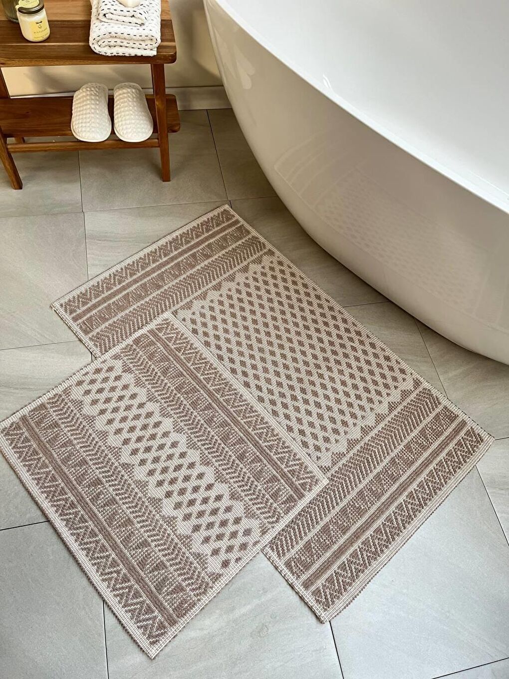 Tapis Doğal Pamuklu 2'li Banyo Paspas Seti 60x100+50x60 Cm - Bej-1