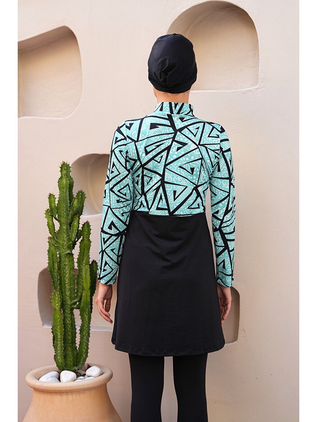 Siyah Dijital Baskılı Taytlı Kapalı Tesettür Mayo 3750-4