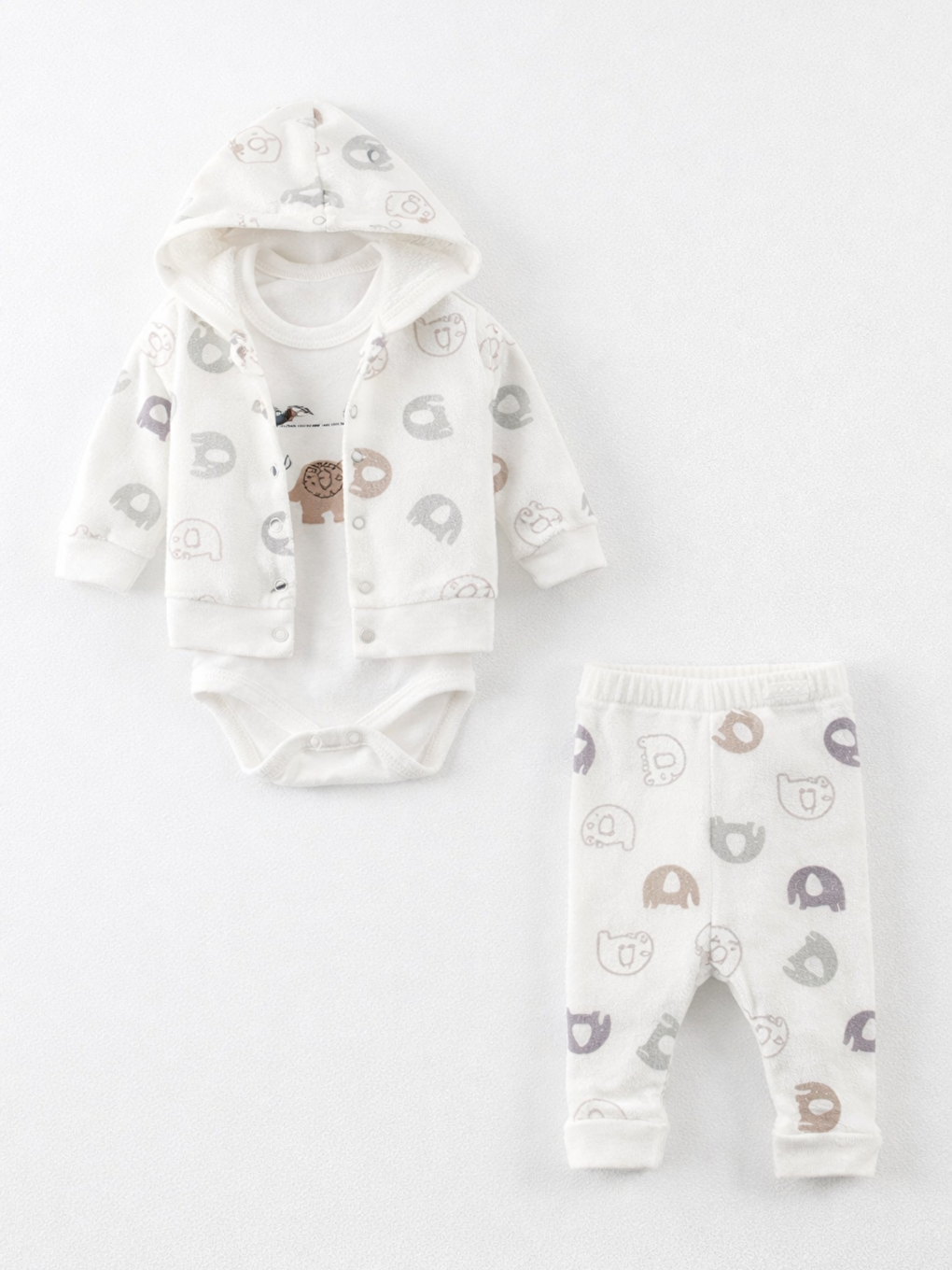 Gri Erkek Bebek Hırkalı Fil Desenli 3lü Takım Alt-Üst Set Pamuklu Mevsimlik