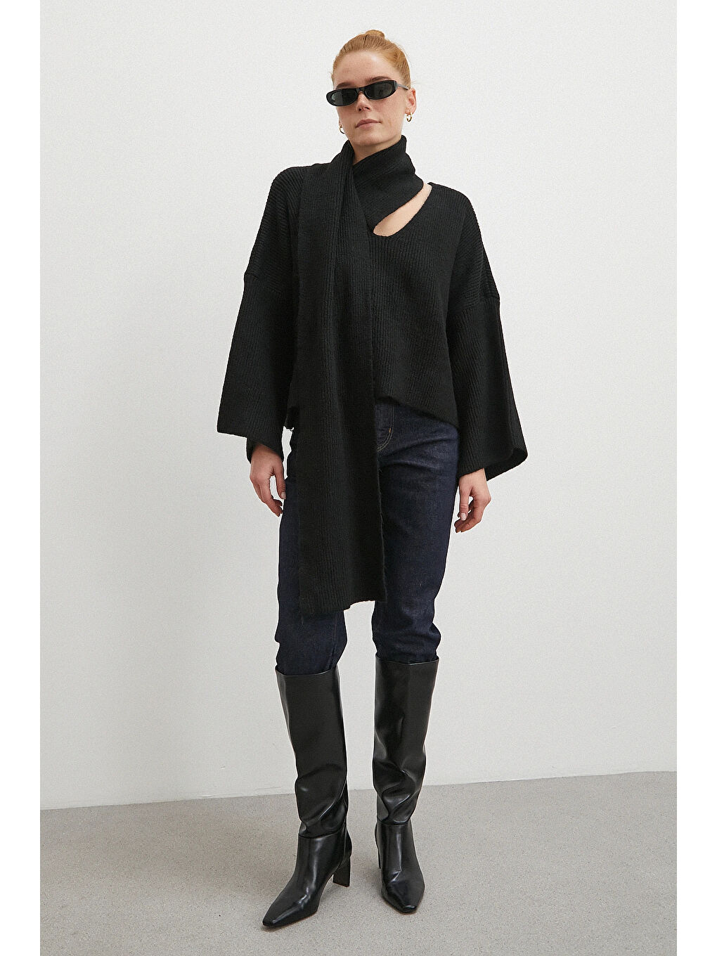 Fitilli Şal Yaka Kazak Siyah-1