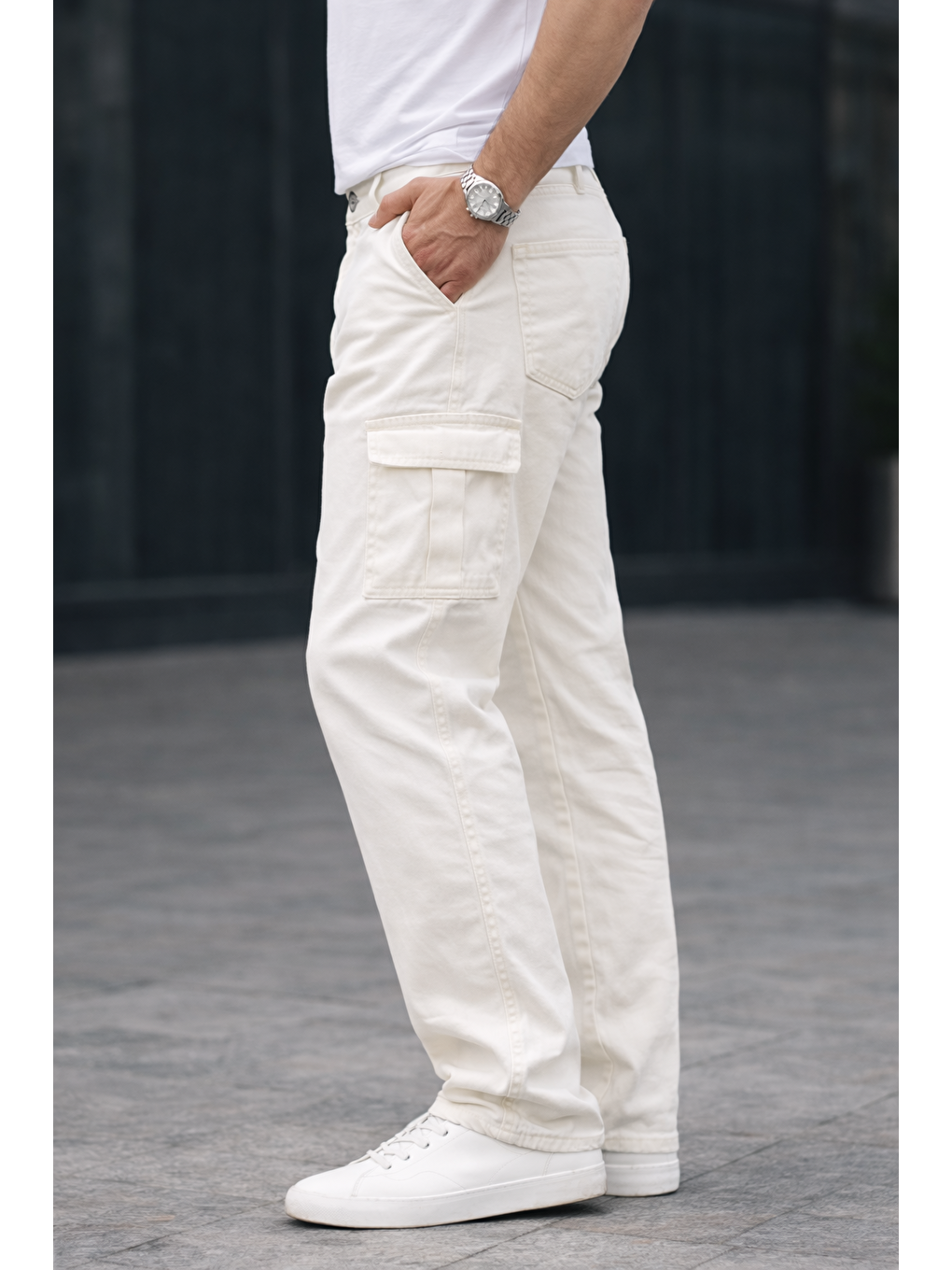 Erkek Trend Bol Paça Günlük Kargo Beyaz Baggy Pantolon-1