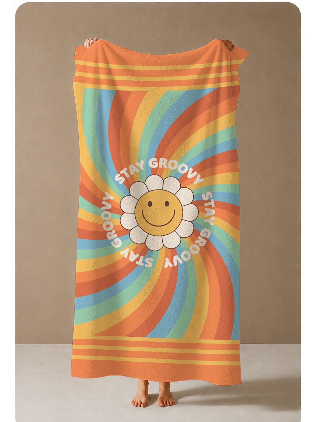 Ekru Turuncu Retro Ve Güneş Desenli 70x150 Cm Dijital Baskılı Plaj Ve Banyo Havlusu-3
