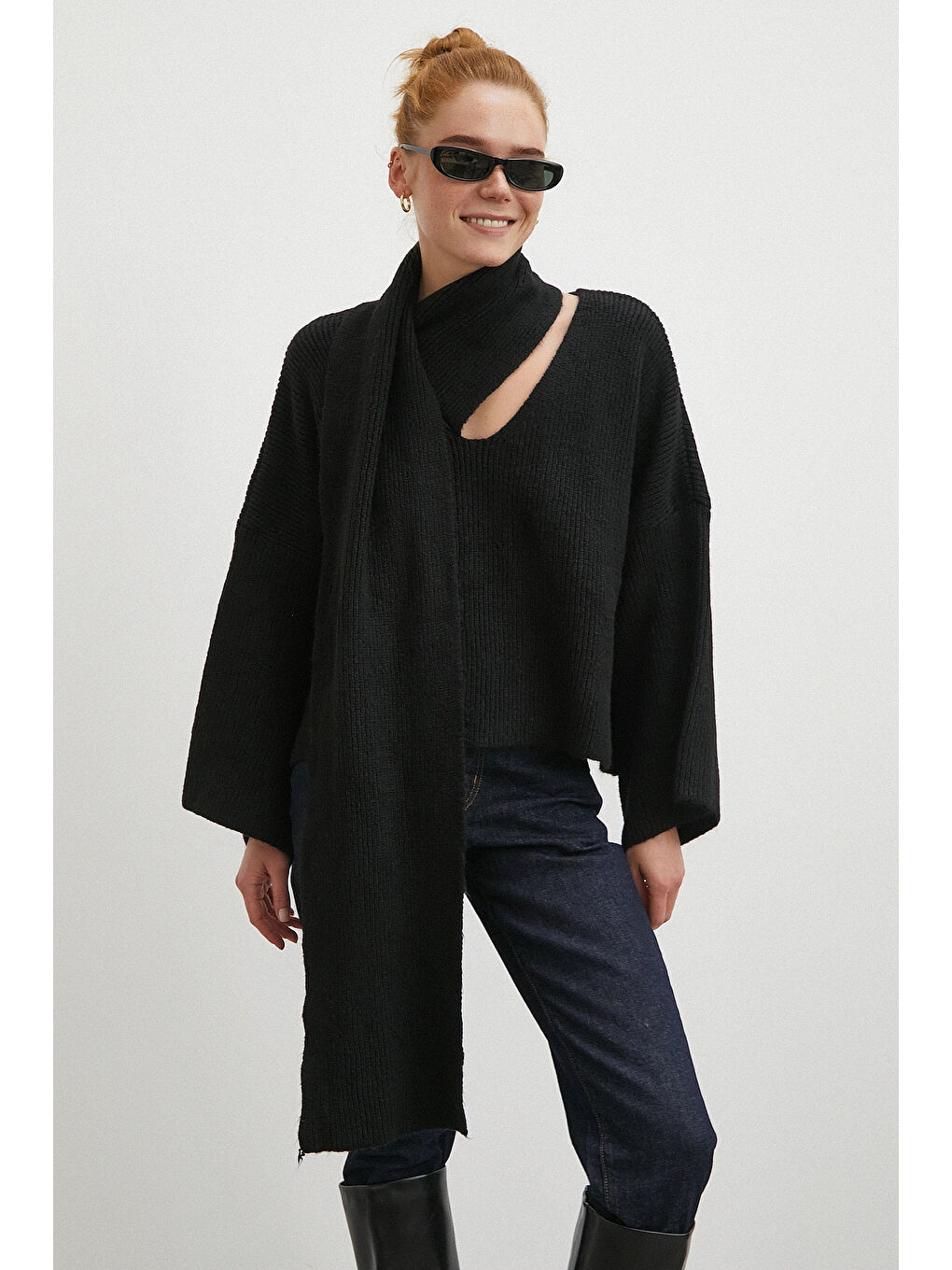 Fitilli Şal Yaka Kazak Siyah-2