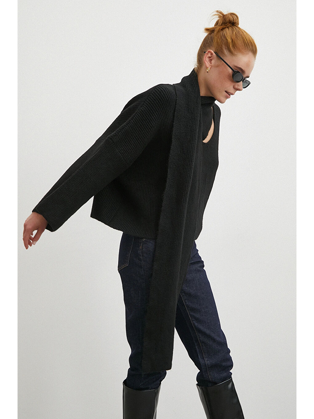 Fitilli Şal Yaka Kazak Siyah-3