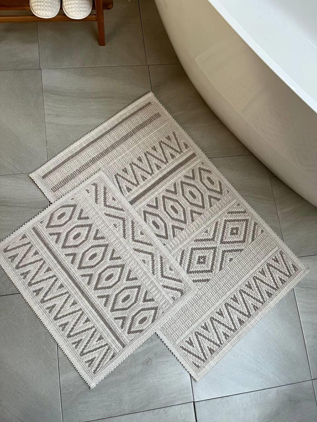 Bej Hat Doğal Pamuklu 2'li Banyo Paspas Seti 60x100+50x60 Cm - Taş