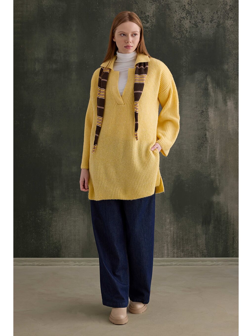 Uzun Polo Yaka Kazak Soft Sarı-1