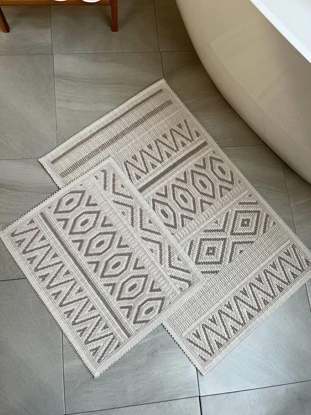 Bej Hat Doğal Pamuklu 2'li Banyo Paspas Seti 60x100+50x60 Cm - Taş-1