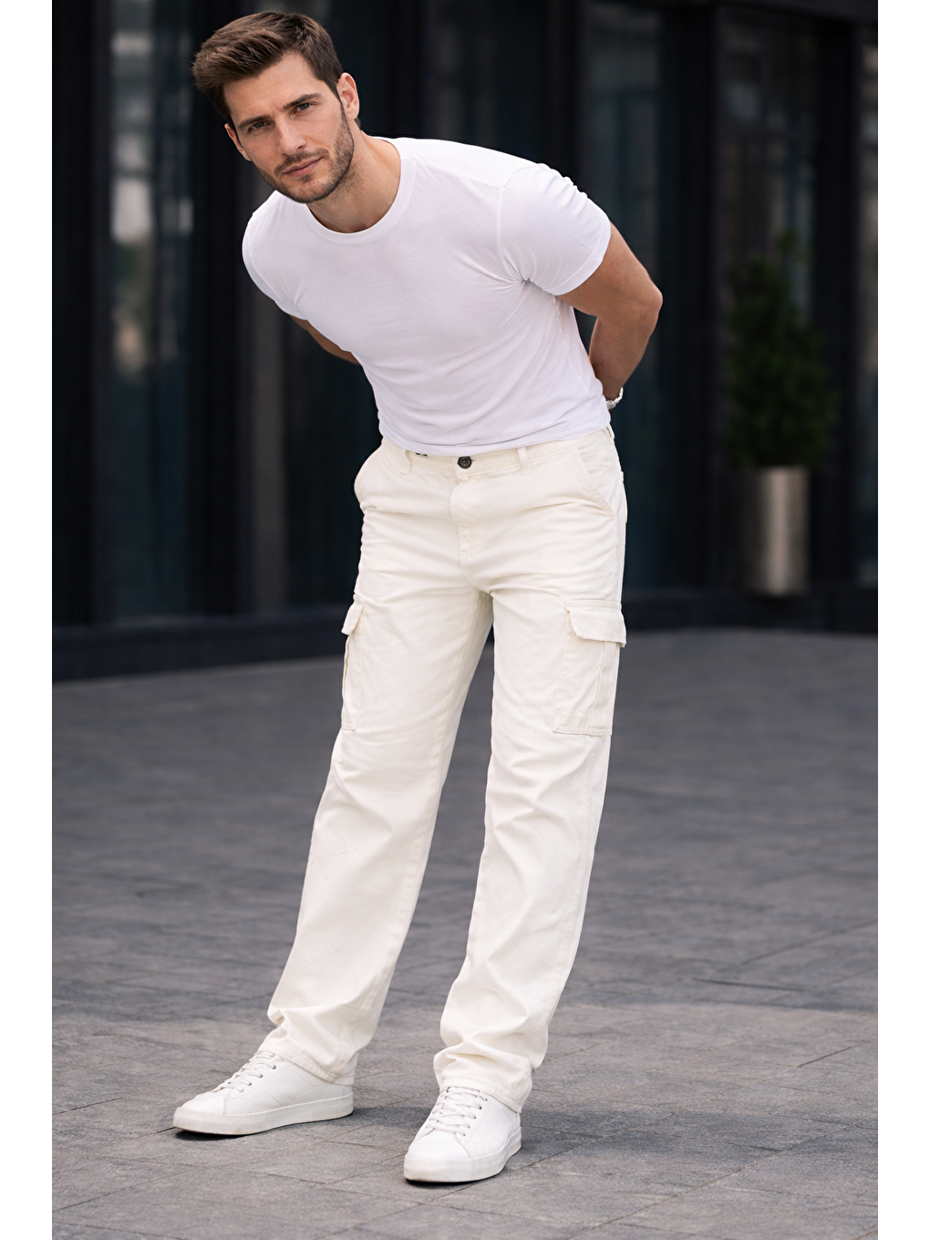 Erkek Trend Bol Paça Günlük Kargo Beyaz Baggy Pantolon-2